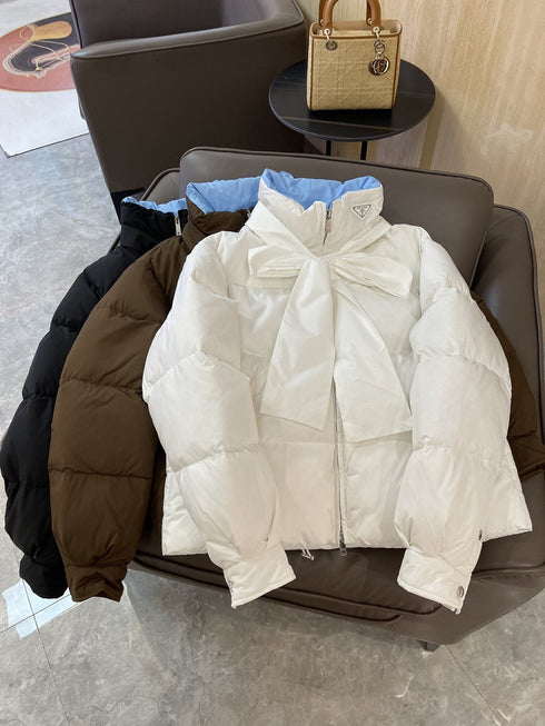 Prada Reversible Cropped Puffer Jacket with Removable Bow Scarf