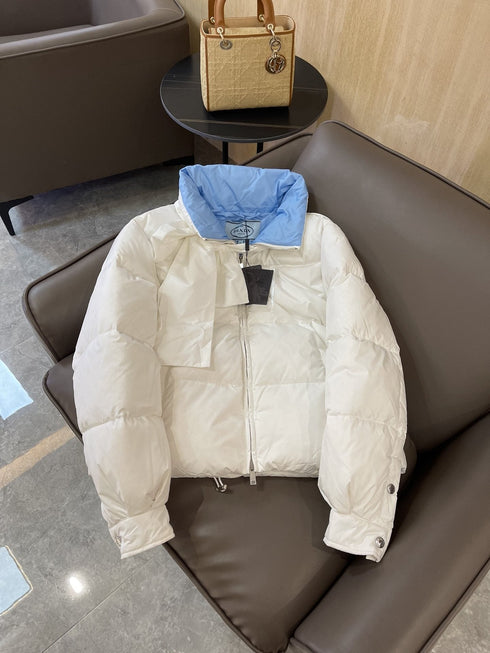 Prada Reversible Cropped Puffer Jacket with Removable Bow Scarf
