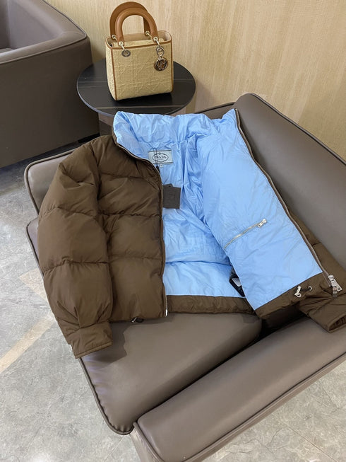 Prada Reversible Cropped Puffer Jacket with Removable Bow Scarf