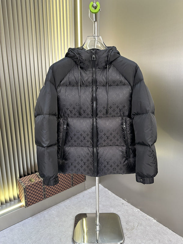 LV Hooded Monogram-Panel Puffer Coat