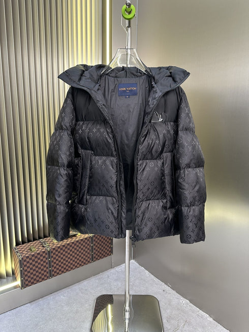 LV Hooded Monogram-Panel Puffer Coat