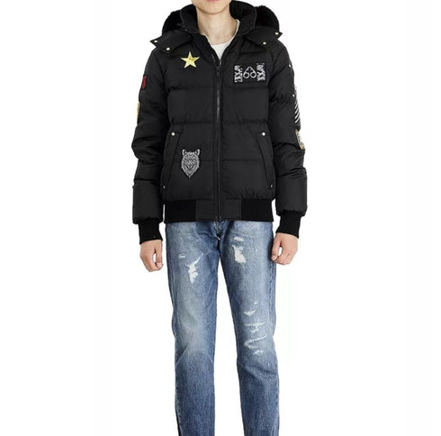 Moose Knuckles Black Fur-Trim Hooded Puffer Jacket