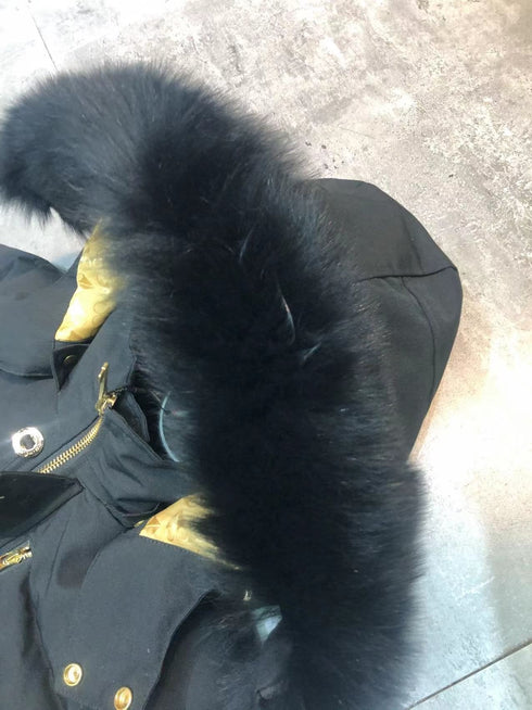 Moose Knuckles Black Hooded Puffer Jacket with Gold Lining