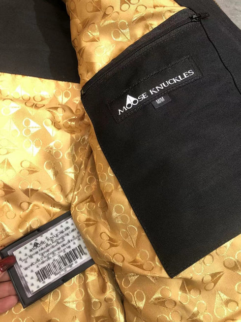 Moose Knuckles Black Hooded Puffer Jacket with Gold Lining