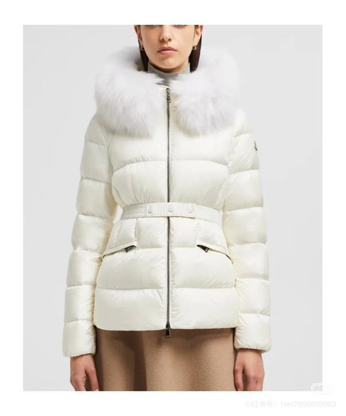 Moncler Fur-Trim Hood Belted Puffer Coat