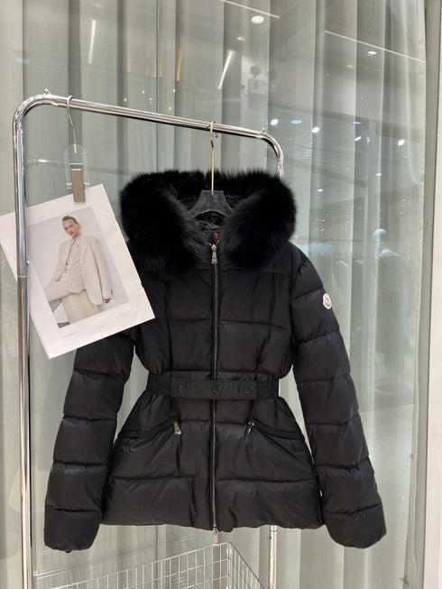 Moncler Fur-Trim Hood Belted Puffer Coat
