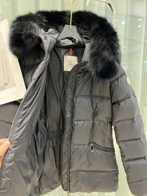 Moncler Fur-Trim Hood Belted Puffer Coat