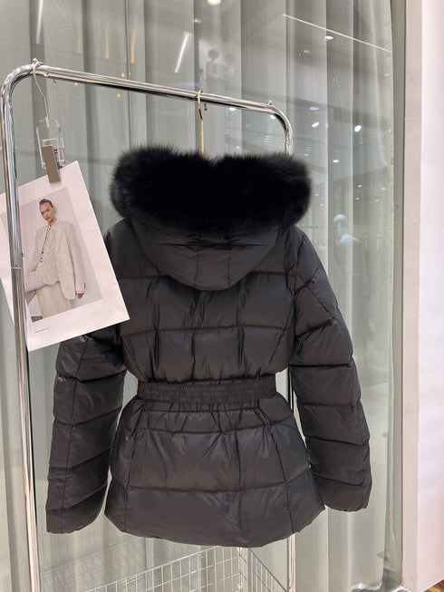 Moncler Fur-Trim Hood Belted Puffer Coat