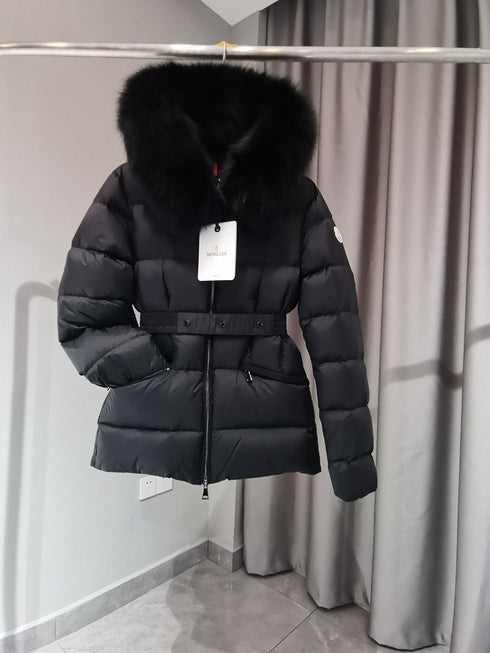 Moncler Fur-Trim Hood Belted Puffer Coat