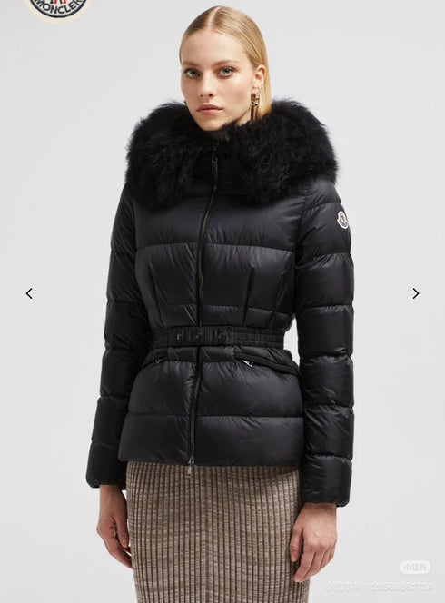 Moncler Fur-Trim Hood Belted Puffer Coat