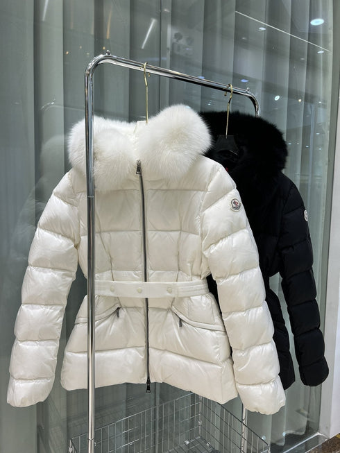 Moncler Fur-Trim Hood Belted Puffer Coat