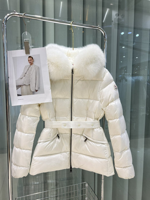 Moncler Fur-Trim Hood Belted Puffer Coat
