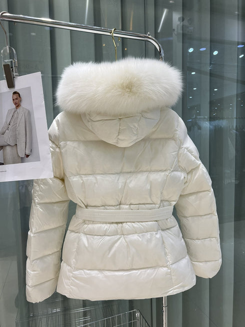 Moncler Fur-Trim Hood Belted Puffer Coat