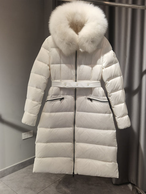 Moncler Long Belted Fur-Trim Hooded Down Coat