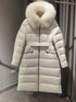 Moncler Long Belted Fur-Trim Hooded Down Coat