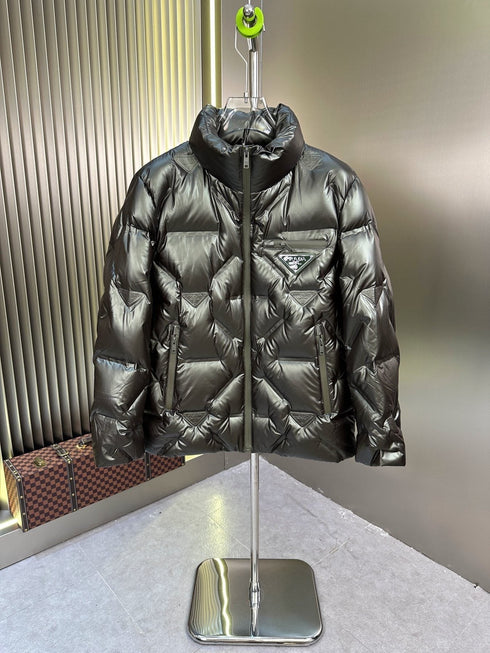 Prada Glossy Diagonal-Quilt Puffer Jacket