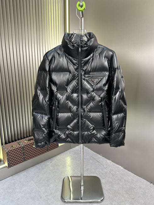 Prada Glossy Diagonal-Quilt Puffer Jacket