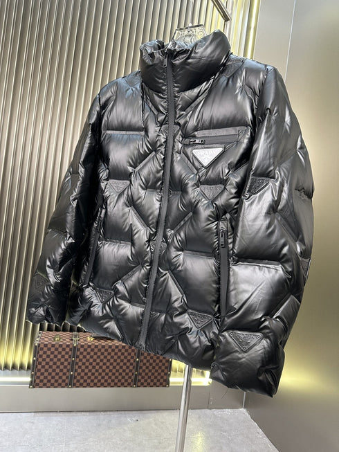 Prada Glossy Diagonal-Quilt Puffer Jacket