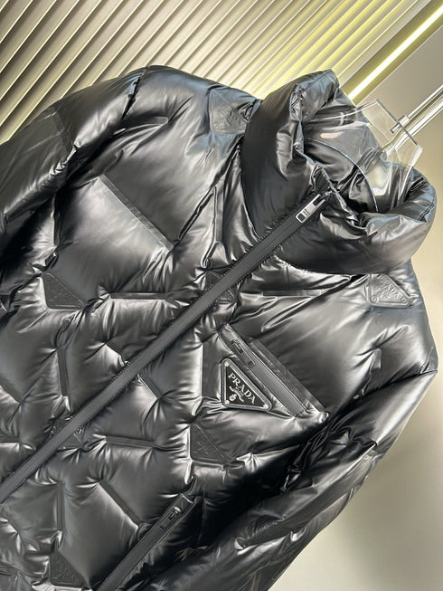 Prada Glossy Diagonal-Quilt Puffer Jacket