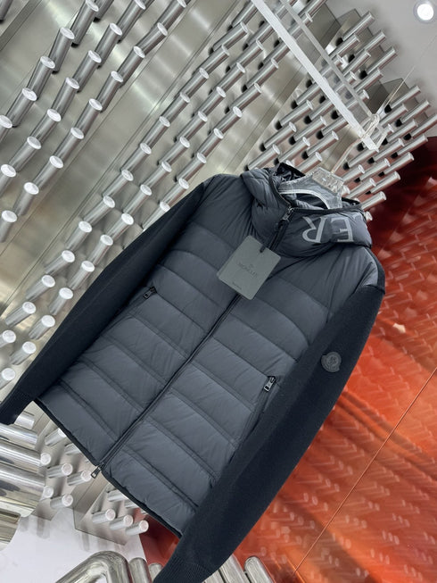 Moncler Grey Quilted Knit-Sleeve Hooded Puffer Jacket
