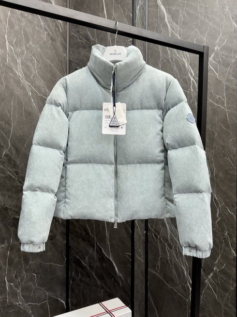 Moncler Light Blue Corduroy Cropped Puffer Coat