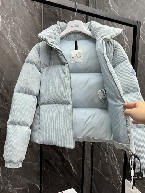 Moncler Light Blue Corduroy Cropped Puffer Coat