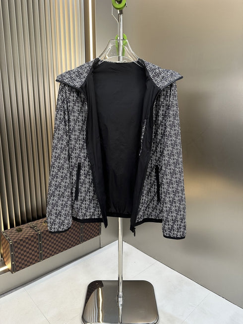 Fendi Black and White Pattern Hooded Zip-Front Jacket
