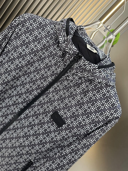 Fendi Black and White Pattern Hooded Zip-Front Jacket