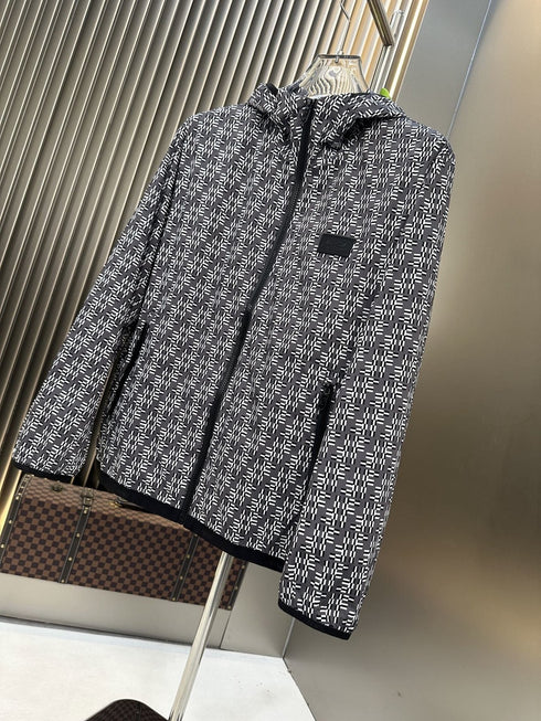 Fendi Black and White Pattern Hooded Zip-Front Jacket