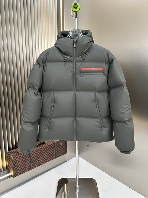 Prada Hooded Puffer Jacket with Red Chest Trim
