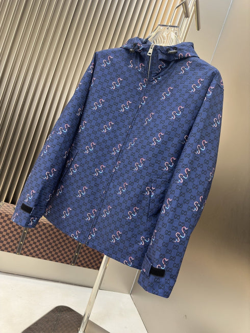 Gucci Blue Patterned Hooded Zip Jacket
