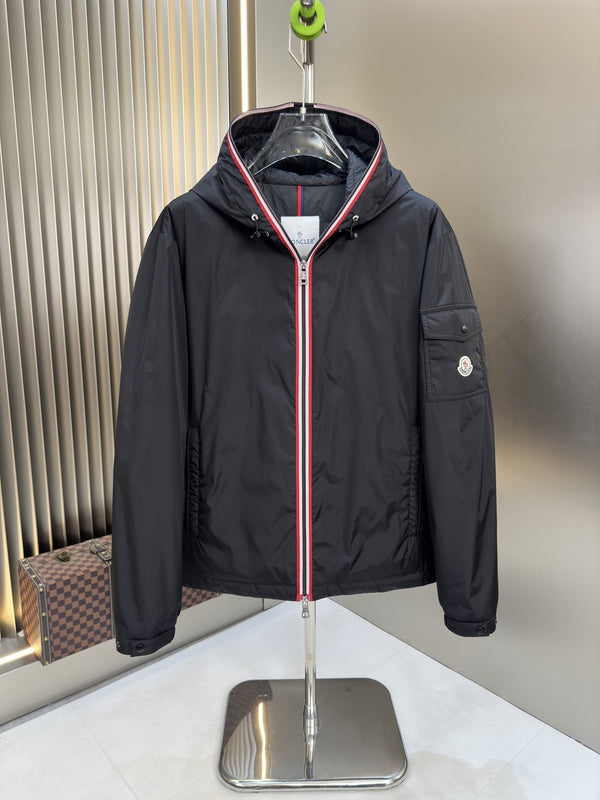 Moncler Black Hooded Contrast Zip Coat