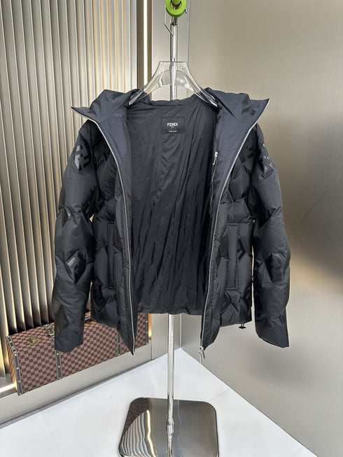 Fendi Black Hooded Tonal Geometric Puffer Jacket