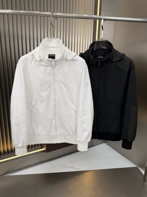 Zegna Hooded Tonal Pattern Zip Jacket