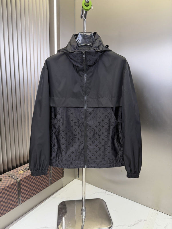 LV Hooded Monogram-Panel Zip-Front Jacket