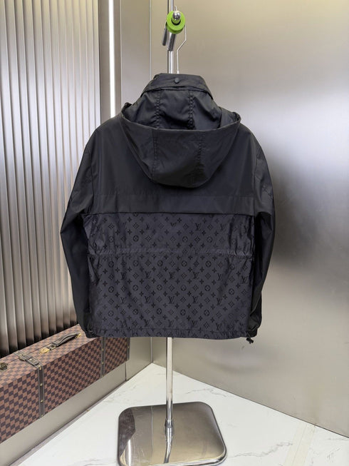LV Hooded Monogram-Panel Zip-Front Jacket