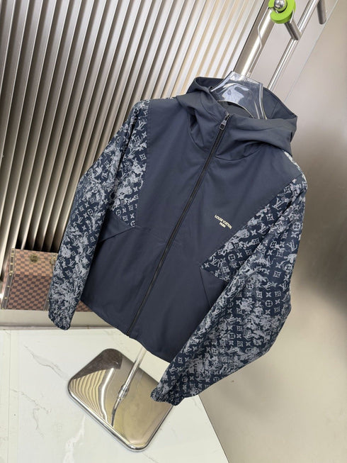 LV Navy Blue Hooded Zip Jacket with Patterned Panels