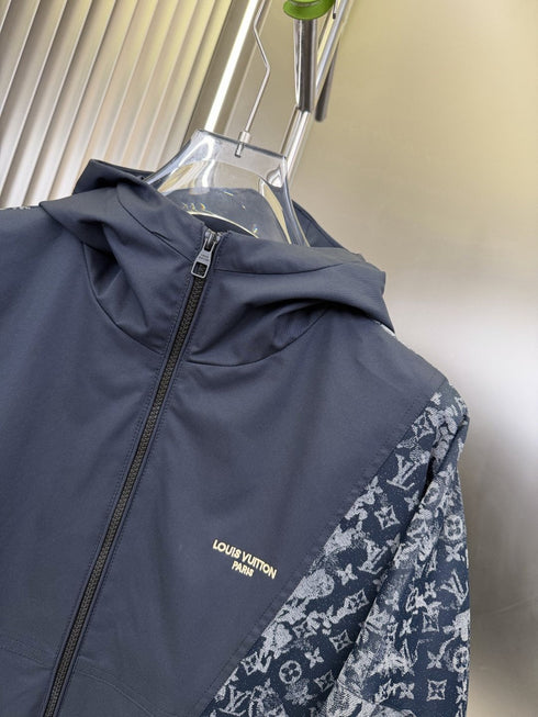 LV Navy Blue Hooded Zip Jacket with Patterned Panels