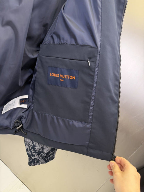 LV Navy Blue Hooded Zip Jacket with Patterned Panels