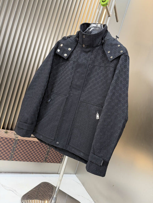 Gucci Black Tonal Monogram Hooded Jacket