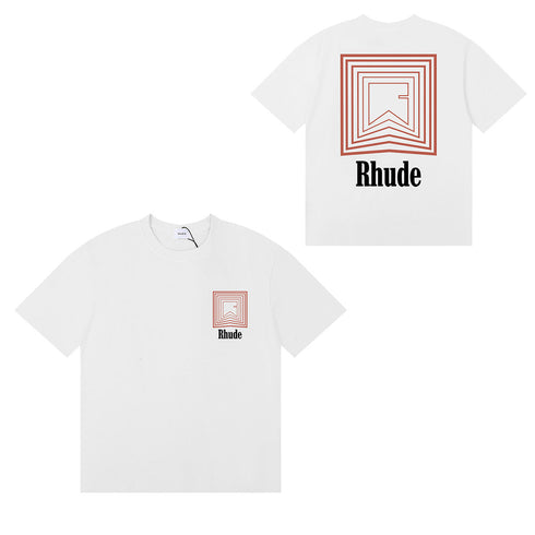 Rhude T-shirts Chevron Red Printed Cotton Casual Short Sleeve Men and Women