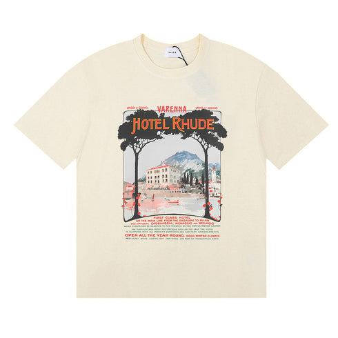 Rhude T-shirts Varenna Town Printed Cotton Casual Short Sleeves Men and Women