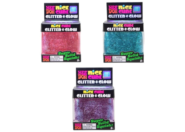 NeeDoh Nice Cube Glitter and Glow Squishy Fidget Toy Set of 3 Pink/ Purple/ Blue