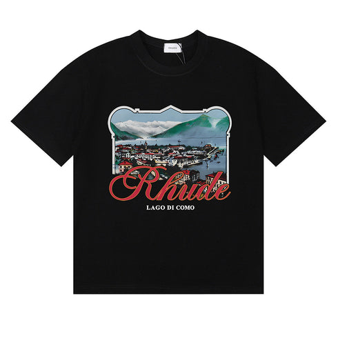 Rhude T-shirts Lake Como Lakeside Town Printed Cotton Casual Short Sleeves Men and Women