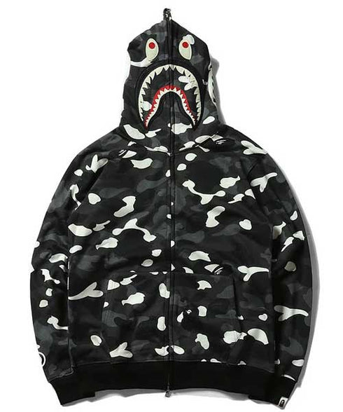 Bathing Ape Black and White Luminous Shark Coat High Quality Looped Fabric Hooded Shark Sweater