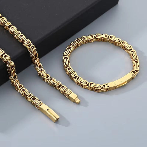 6MM 14K Gold Plated Byzantine Chain Bracelet Set