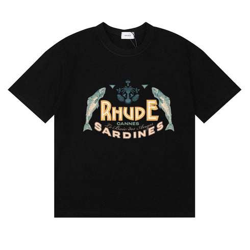 Rhude T-shirts Sardines Badge Printing Cotton Casual Short Sleeve Men and Women
