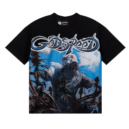 Godspeed T-shirts Blue Sky White Clouds Poppy Skull Planting Printing Cotton Casual Short Sleeves Men and Women