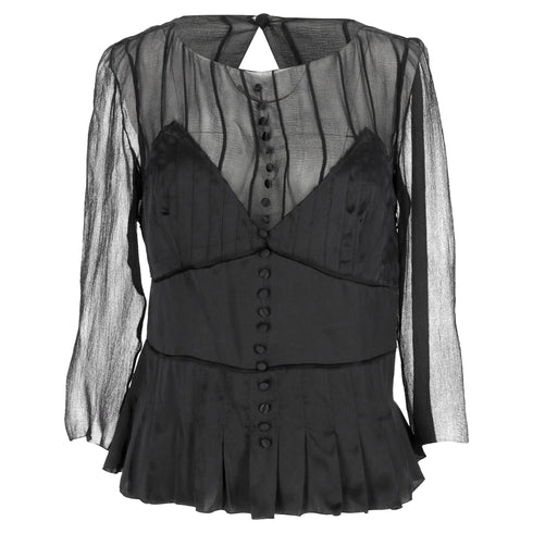 Women's Chloé Pleated Sheer Long Sleeve Blouse in Black Silk