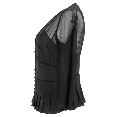 Women's Chloé Pleated Sheer Long Sleeve Blouse in Black Silk